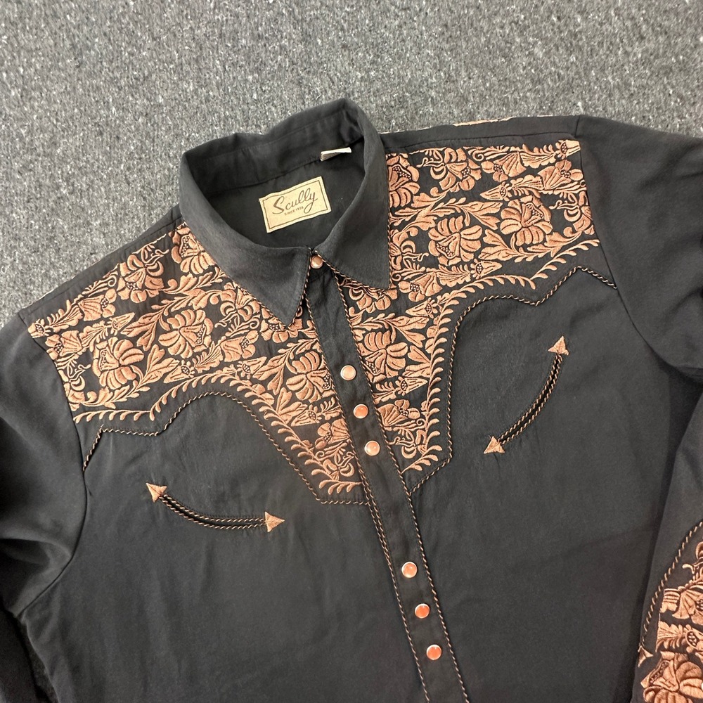 Scully Mens XL Black Western Pearl Snap Shirt Copper Floral Embroidered P-634